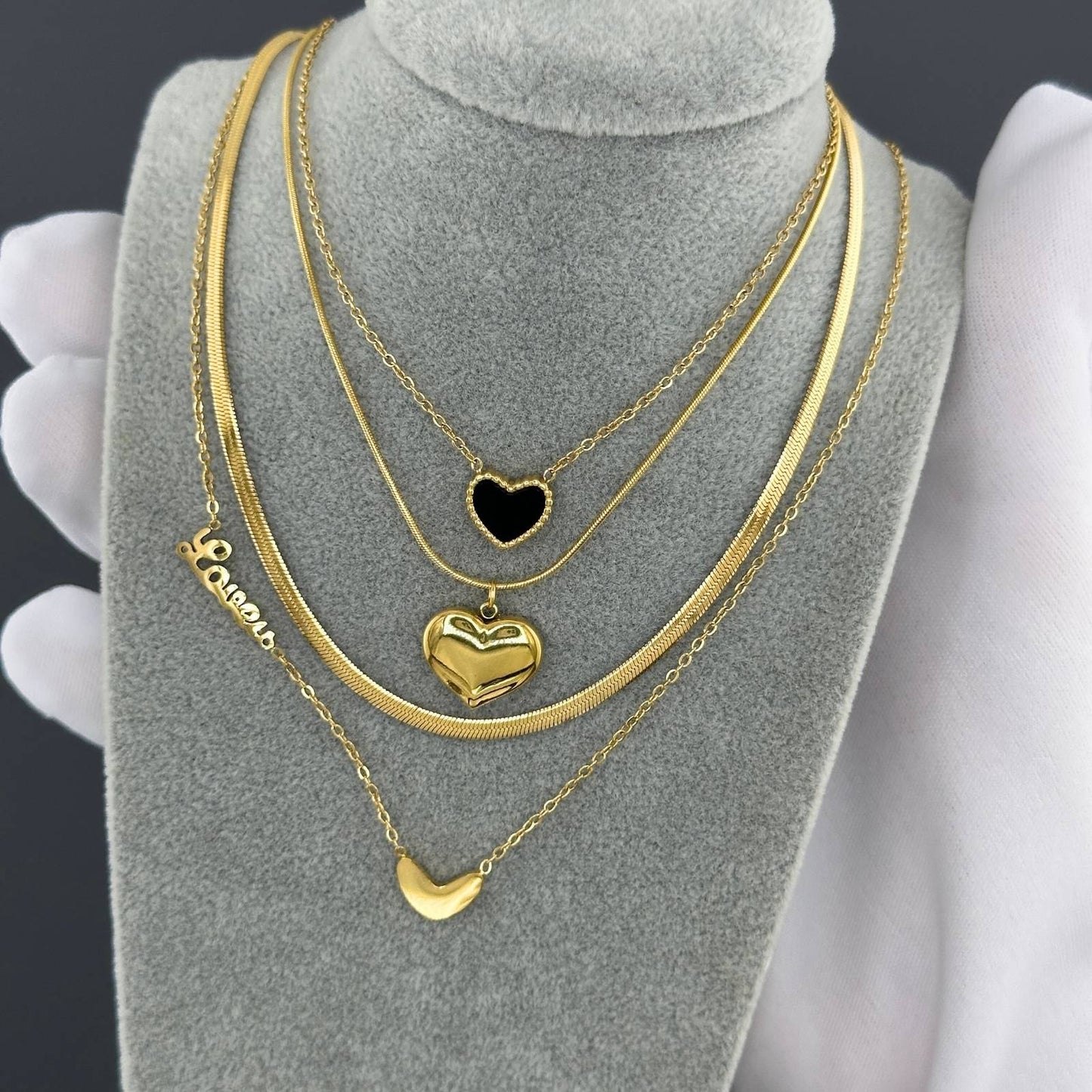 Layered Heart Charm Necklace Set