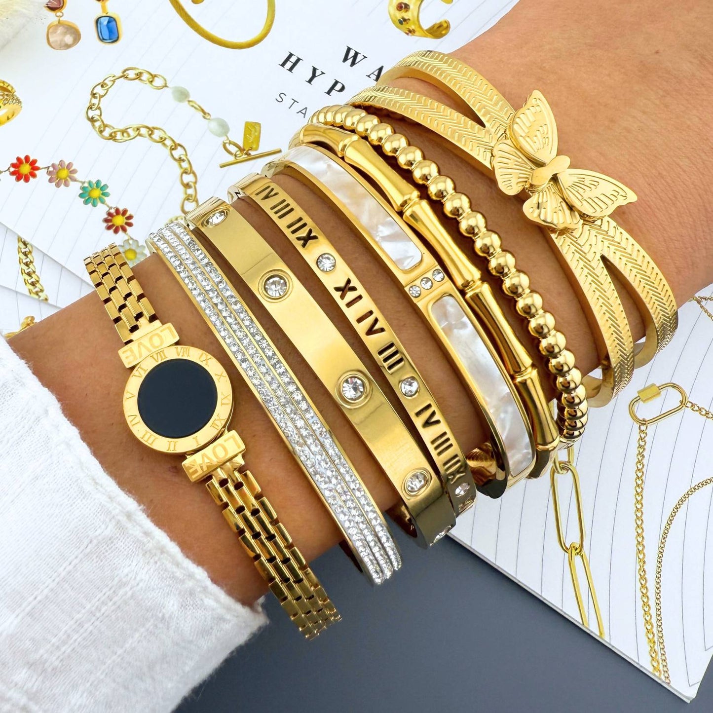 Roman Numeral Gold Bangle Bracelet